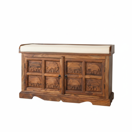 Hand-Carved Elephant Motif Shoe Cabinet Bench