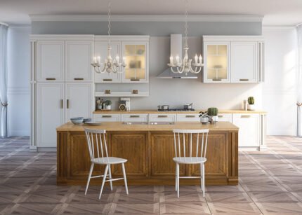 Refined Classic Kitchen: Cream Cabinetry, Natural Wood Island, and Traditional Accents